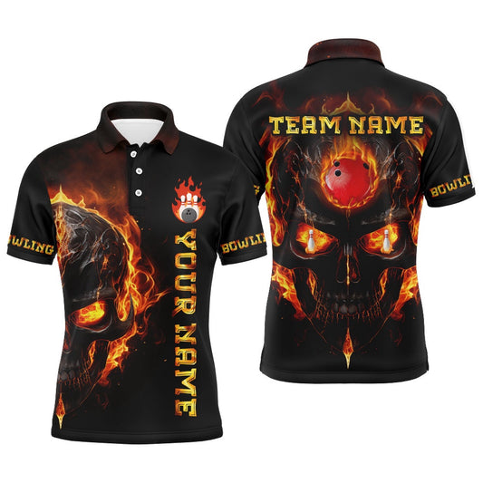 Custom Bowling Polo Shirts, Skull Bowling Shirt For Men Flame Bowling Team League Jersey Custom Bowling Polo Shirt