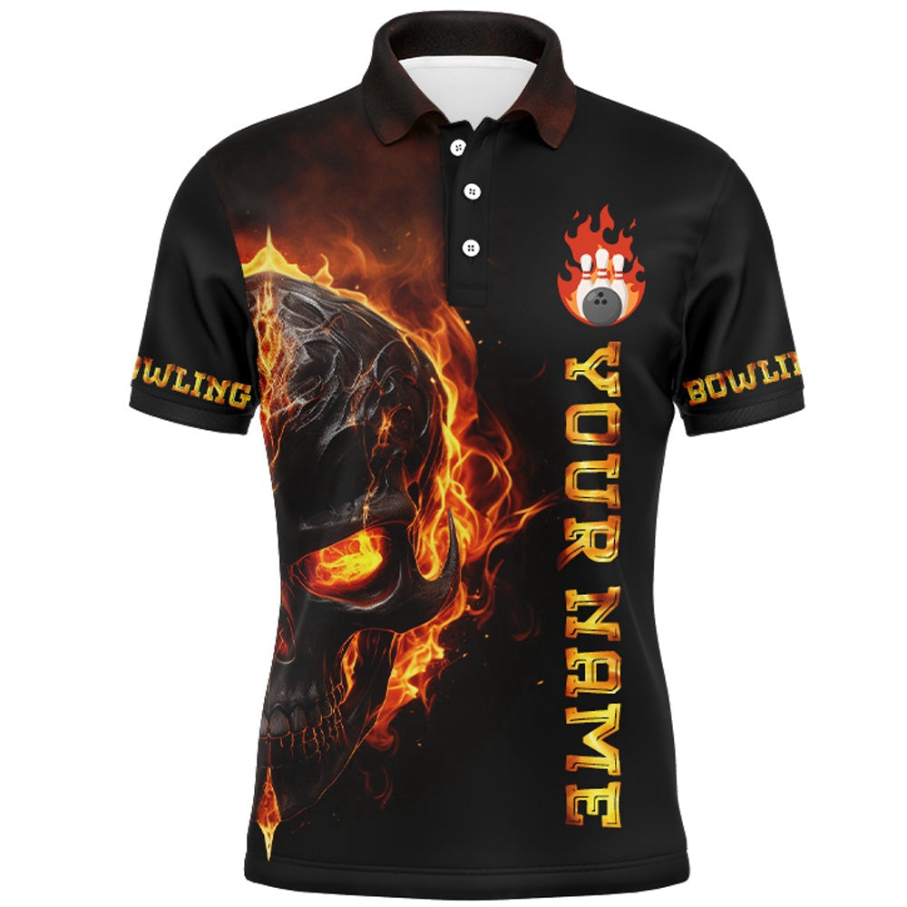 Custom Bowling Polo Shirts, Skull Bowling Shirt For Men Flame Bowling Team League Jersey Custom Bowling Polo Shirt