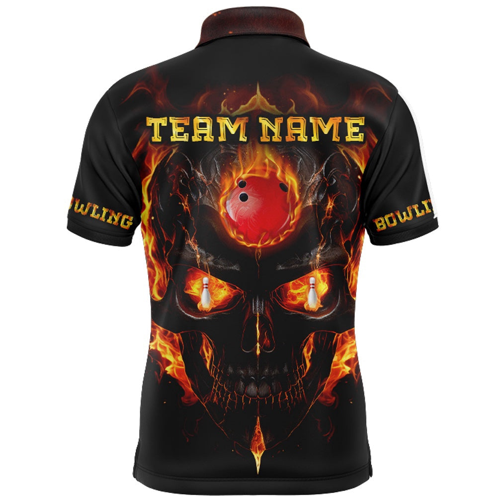 Custom Bowling Polo Shirts, Skull Bowling Shirt For Men Flame Bowling Team League Jersey Custom Bowling Polo Shirt