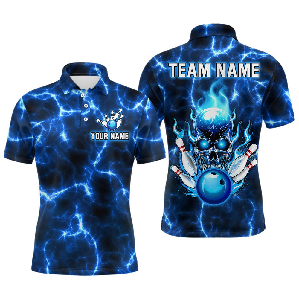 Custom Bowling Polo Shirts, Skull Bowling Shirt For Men Women Custom Polo Bowling Team Jersey Lightning Blue