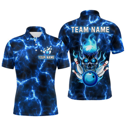 Custom Bowling Polo Shirts, Skull Bowling Shirt For Men Women Custom Polo Bowling Team Jersey Lightning Blue