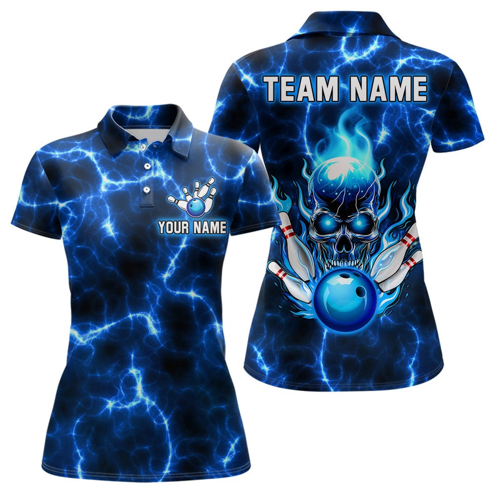 Custom Bowling Polo Shirts, Skull Bowling Shirt For Men Women Custom Polo Bowling Team Jersey Lightning Blue
