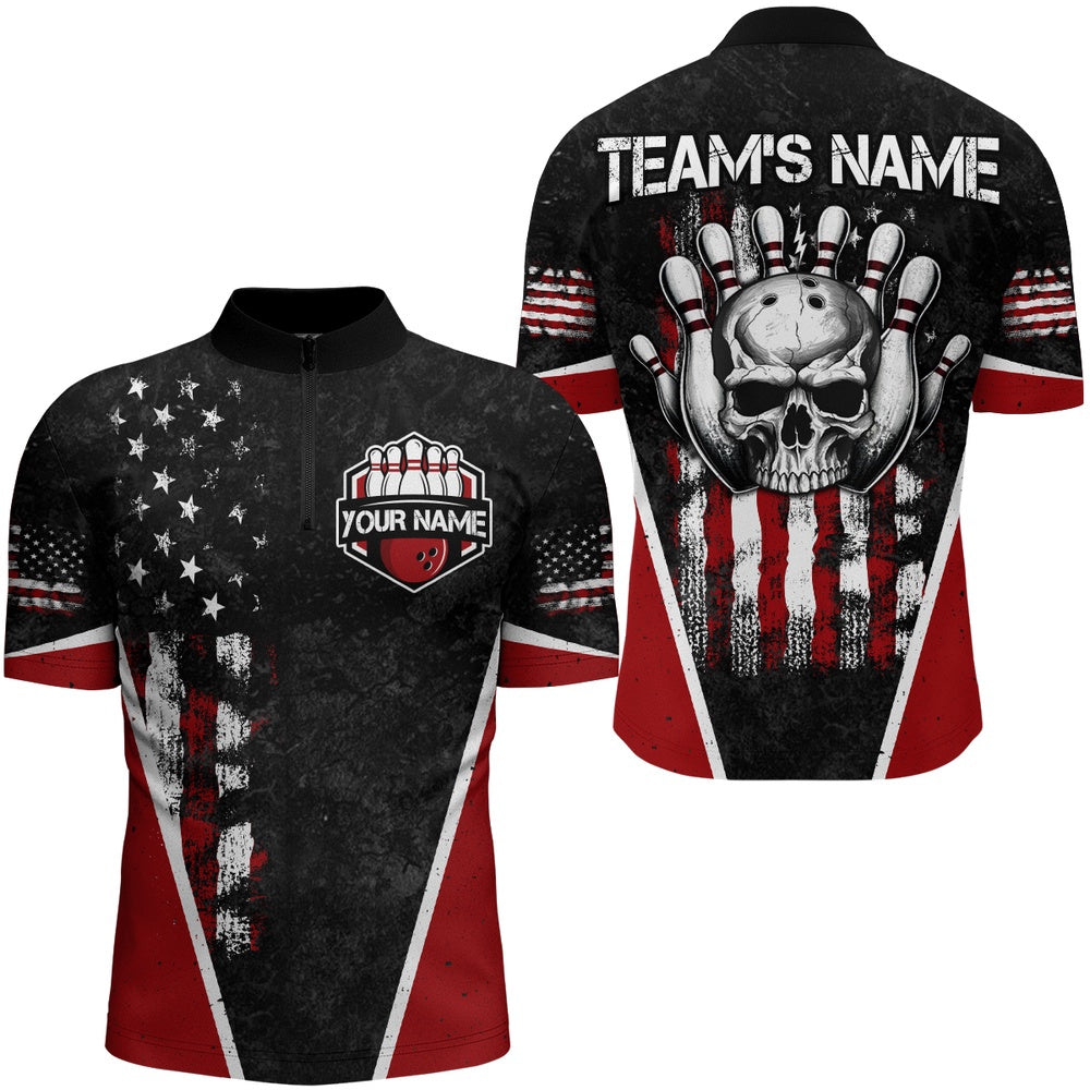 Custom Bowling Polo Shirts, Skull Bowling Shirt Personalized American Zip Bowling Team Jersey For Men & Women