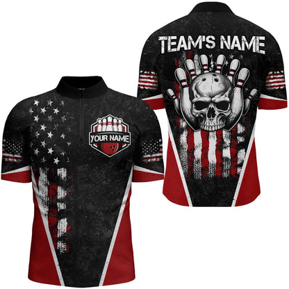 Custom Bowling Polo Shirts, Skull Bowling Shirt Personalized American Zip Bowling Team Jersey For Men & Women