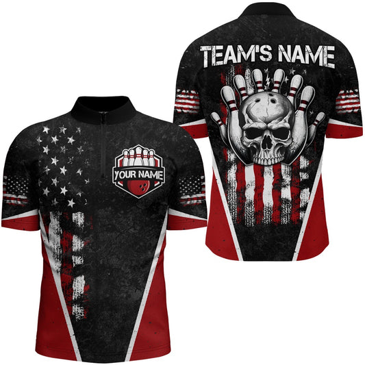 Custom Bowling Polo Shirts, Skull Bowling Shirt Personalized American Zip Bowling Team Jersey For Men & Women