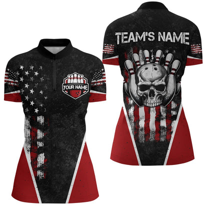 Custom Bowling Polo Shirts, Skull Bowling Shirt Personalized American Zip Bowling Team Jersey For Men & Women