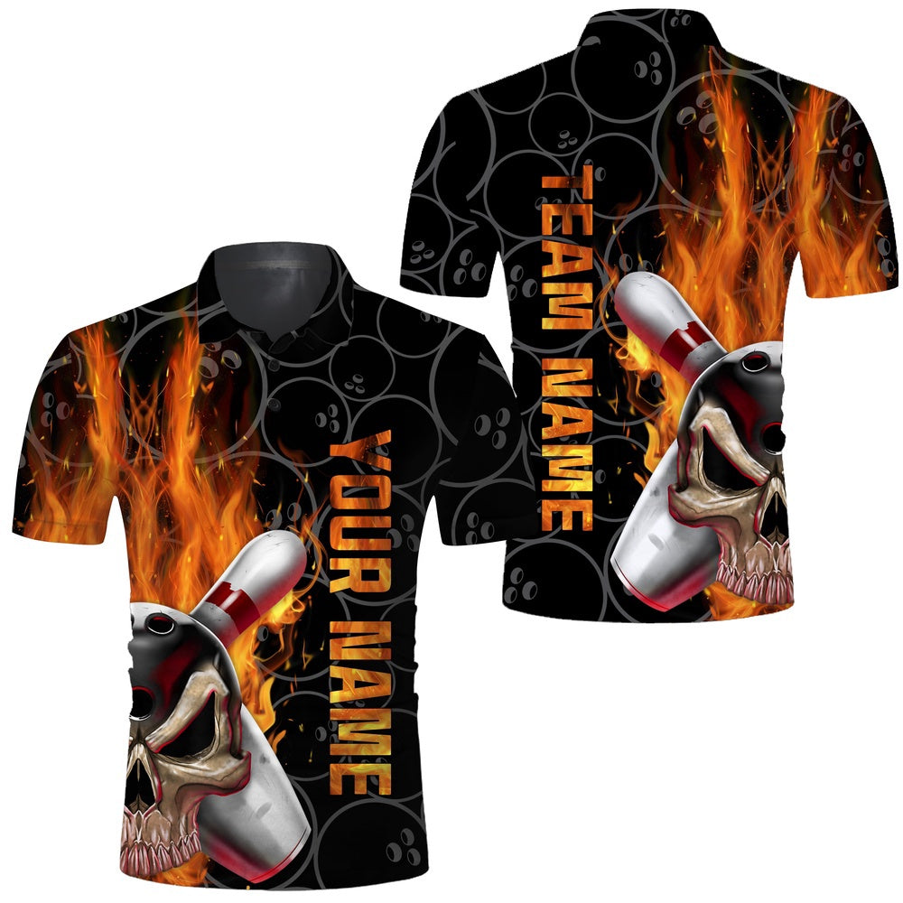 Custom Bowling Polo Shirts, Skull Flame Men Polo Bowling Shirt, Personalized Cool Men Bowlers Jersey Short Sleeves