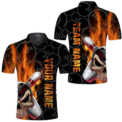 Custom Bowling Polo Shirts, Skull Flame Men Polo Bowling Shirt, Personalized Cool Men Bowlers Jersey Short Sleeves