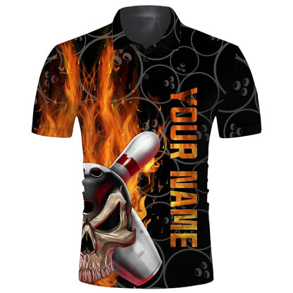 Custom Bowling Polo Shirts, Skull Flame Men Polo Bowling Shirt, Personalized Cool Men Bowlers Jersey Short Sleeves