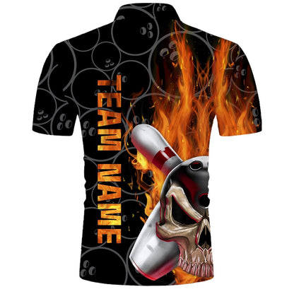 Custom Bowling Polo Shirts, Skull Flame Men Polo Bowling Shirt, Personalized Cool Men Bowlers Jersey Short Sleeves