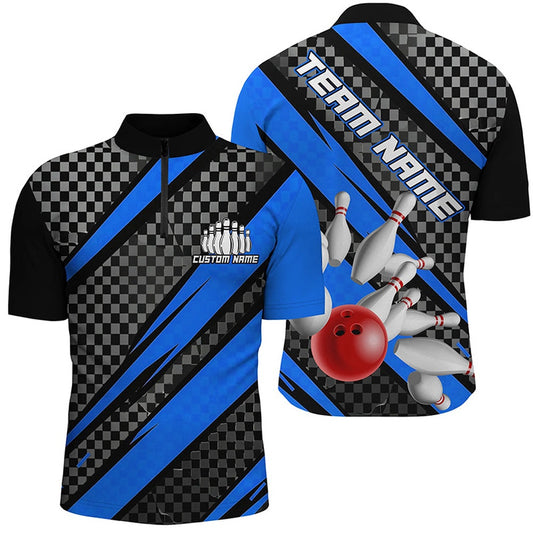 Custom Bowling Polo Shirts, Splatter Pins Custom Bowling Team Shirts For Men And Women, Bowling Tournament Shirt Blue