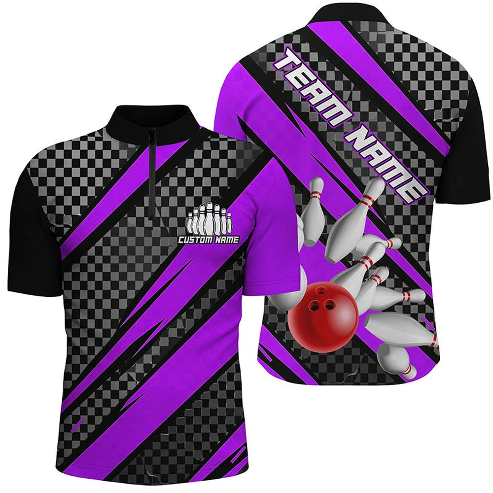 Custom Bowling Polo Shirts, Splatter Pins Custom Bowling Team Shirts For Men And Women, Bowling Tournament Shirt Purple