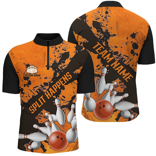 Custom Bowling Polo Shirts, Split Happens Funny Unisex Orange Strike Bowling Shirts For Bowling Team, Bowling Apparel