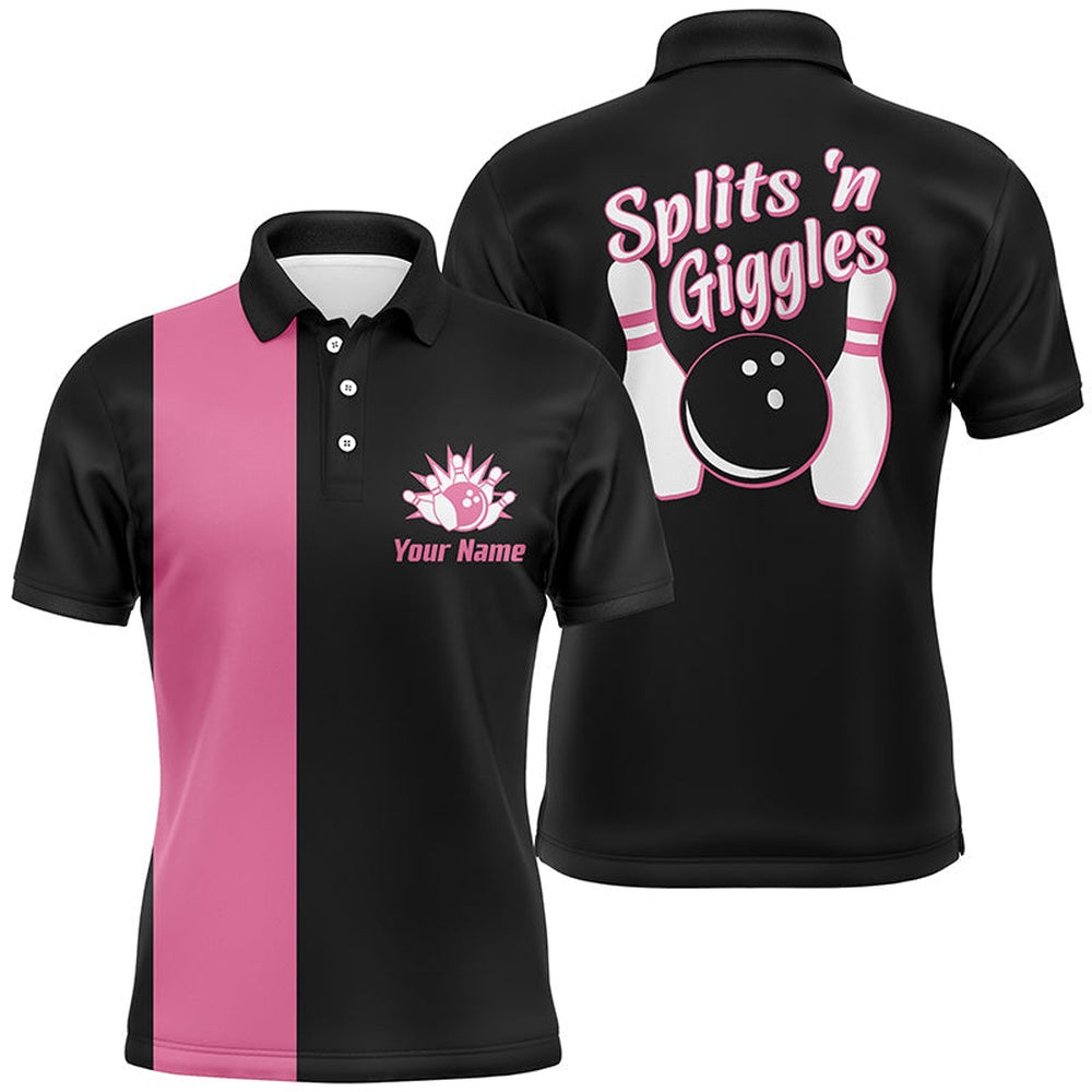 Custom Bowling Polo Shirts, Splits'N Giggles Bowling Polo Shirt For Men Personalized Pink Retro Bowling Jersey