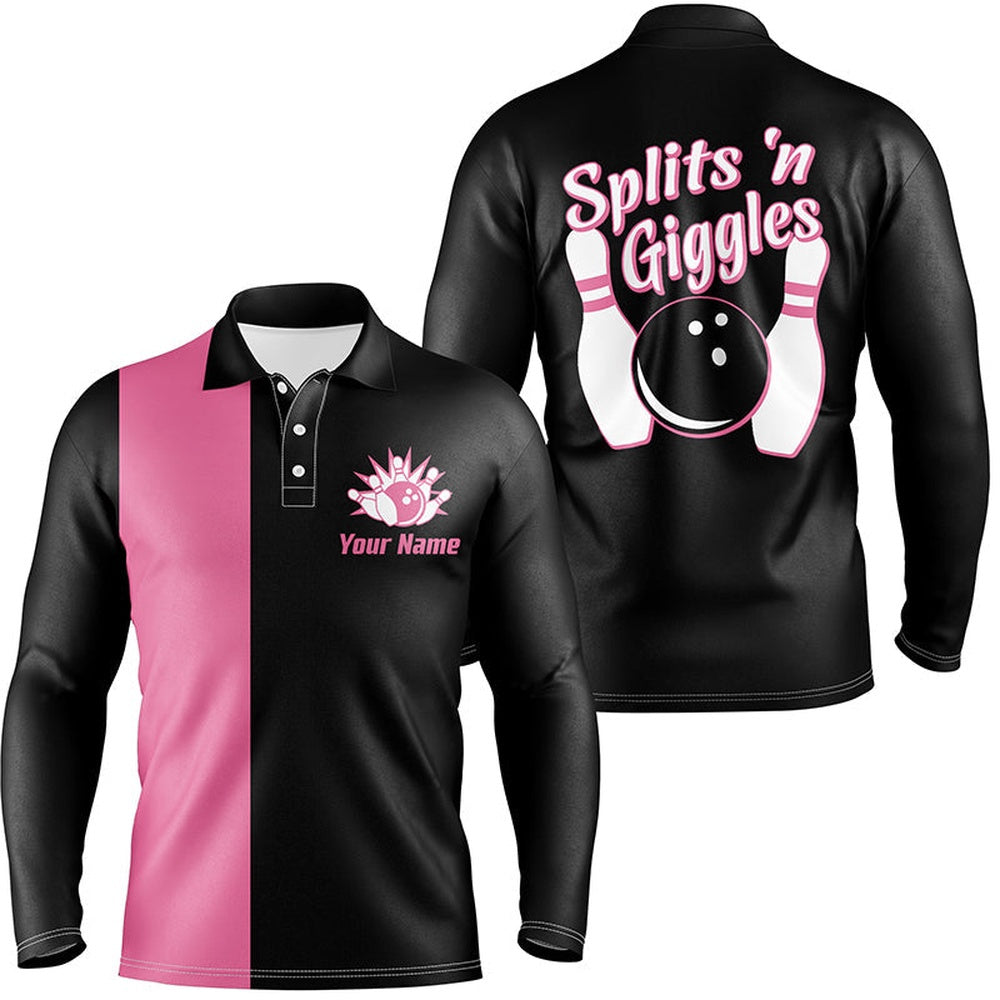 Custom Bowling Polo Shirts, Splits'N Giggles Bowling Polo Shirt For Men Personalized Pink Retro Bowling Jersey