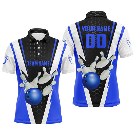 Custom Bowling Polo Shirts, Strike Bowling Custom Blue Bowling Polo Shirts For Men, Bowling Team Jerseys With Name And Number