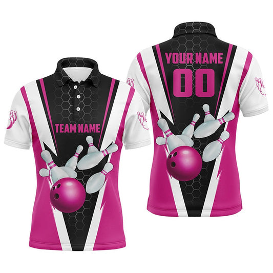 Custom Bowling Polo Shirts, Strike Bowling Custom Pink Bowling Polo Shirts For Men, Bowling Team Jerseys With Name And Number