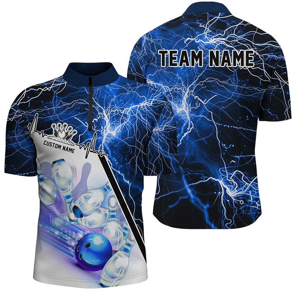 Custom Bowling Polo Shirts, Strike Bowling On The Lane Custom Blue Thunder Lightning Unisex Bowling Team Shirts