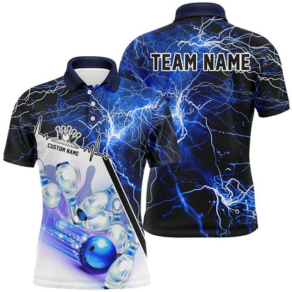 Custom Bowling Polo Shirts, Strike Bowling On The Lane Custom Blue Thunder Lightning Unisex Bowling Team Shirts
