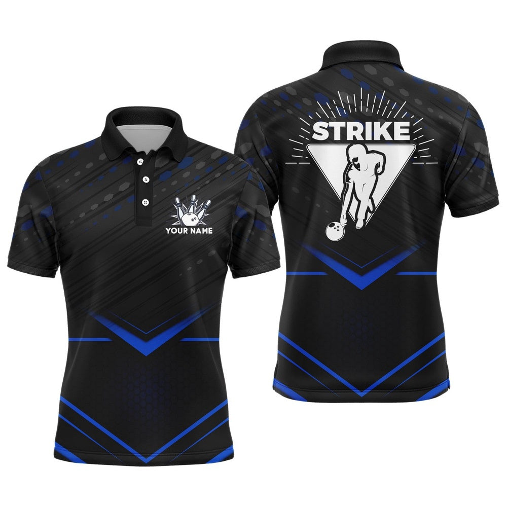 Custom Bowling Polo Shirts, Strike Bowling Shirt For Men Personalized Bowling Jersey Blue&Black Bowling Polo Shirt