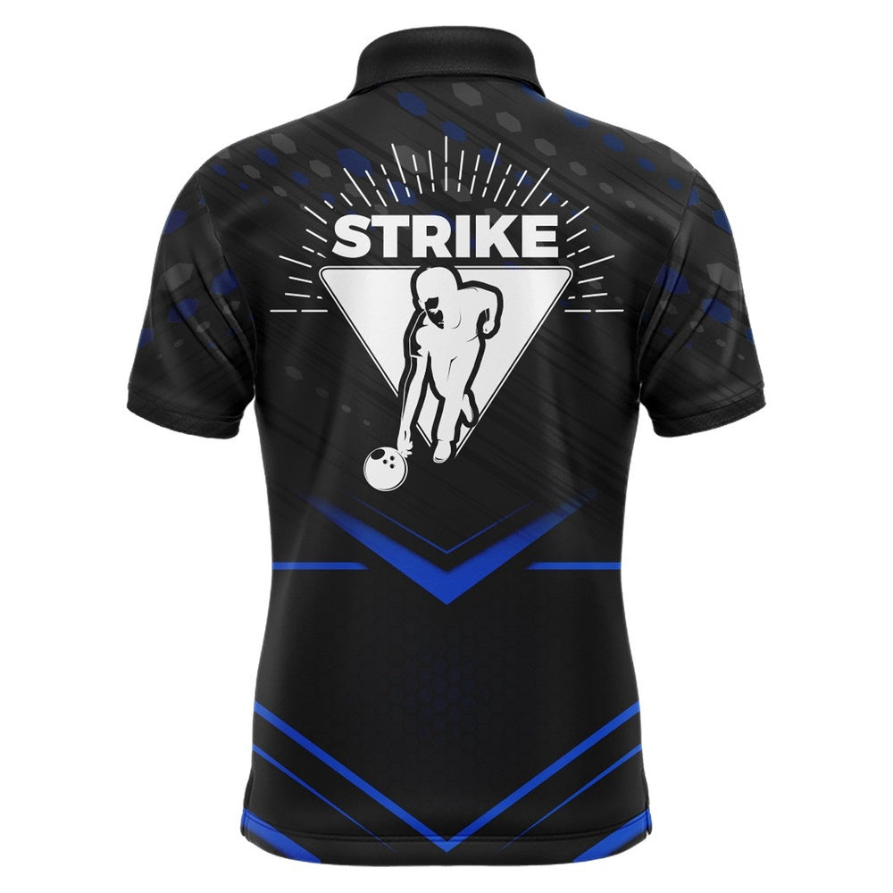 Custom Bowling Polo Shirts, Strike Bowling Shirt For Men Personalized Bowling Jersey Blue&Black Bowling Polo Shirt