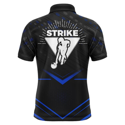 Custom Bowling Polo Shirts, Strike Bowling Shirt For Men Personalized Bowling Jersey Blue&Black Bowling Polo Shirt