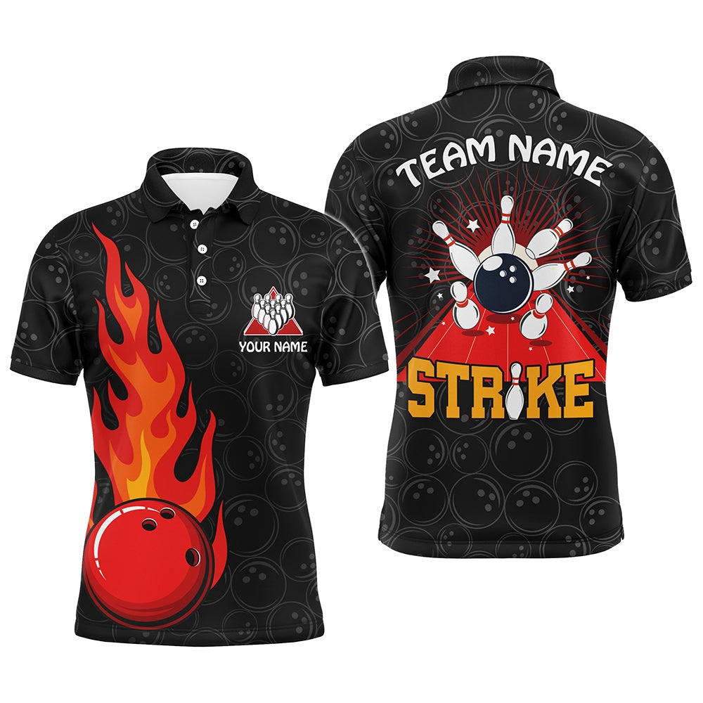 Custom Bowling Polo Shirts, Strike Flame Bowling Shirt For Men Custom Black Bowling Jersey Team Bowling Polo Shirt