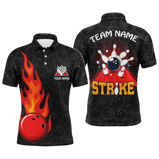 Custom Bowling Polo Shirts, Strike Flame Bowling Shirt For Men Custom Black Bowling Jersey Team Bowling Polo Shirt