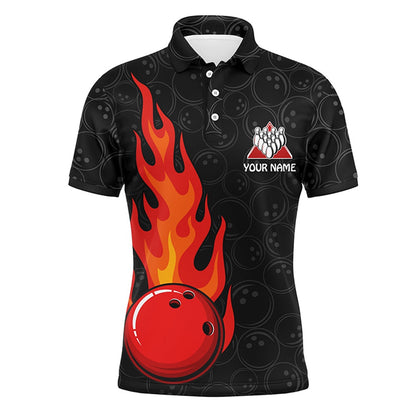 Custom Bowling Polo Shirts, Strike Flame Bowling Shirt For Men Custom Black Bowling Jersey Team Bowling Polo Shirt