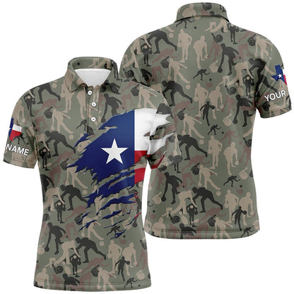 Custom Bowling Polo Shirts, Texas Flag Bowling Camo Shirts For Men Bowling Team League Jersey Custom Patriot Bowling Polo Shirts