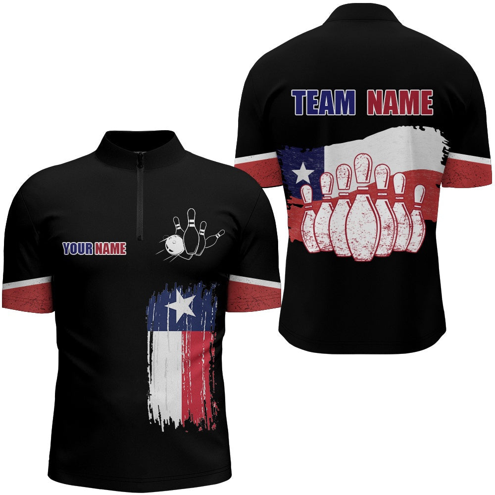 Custom Bowling Polo Shirts, Texas Flag Bowling Zip Shirt For Men Custom Bowling Team League Jersey Vintage Bowling Shirt