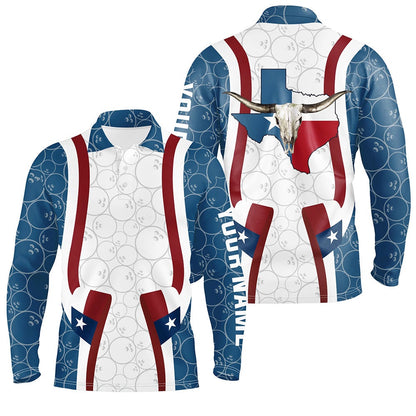 Custom Bowling Polo Shirts, Texas Flag Longhorn Bowling Shirts For Men Bowling Team League Jersey Custom Bowling Polo Shirts