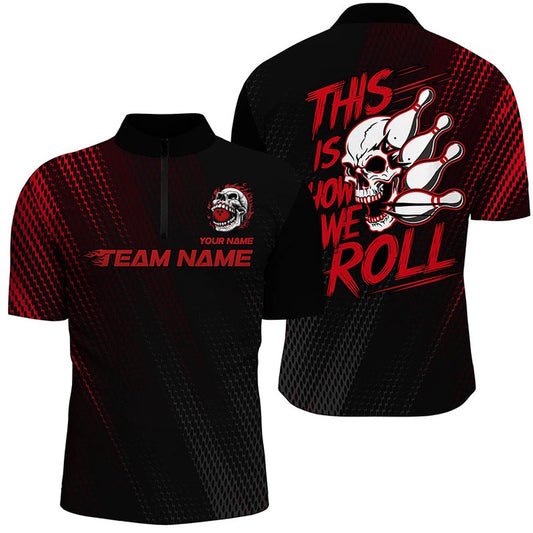 Custom Bowling Polo Shirts, This Is How We Roll Custom Name Skull Bowling Team Shirts For Men, Bowling League Jerseys Red
