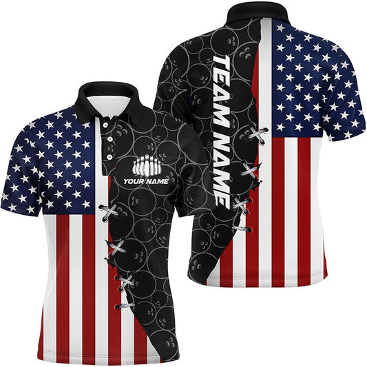 Custom Bowling Polo Shirts, Us Flag Custom Bowling Team Shirts For Men And Women Bowling Ball Pattern Patriotic Gifts