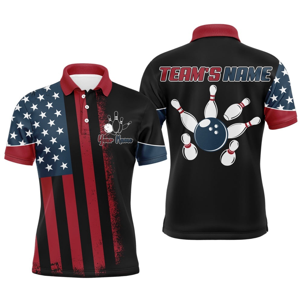 Custom Bowling Polo Shirts, Usa Flag Bowling Polo Shirt For Men Personalized Bowling Jersey Patriotic Bowling Team League Shirt