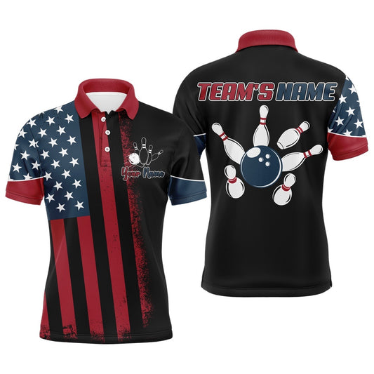 Custom Bowling Polo Shirts, Usa Flag Bowling Polo Shirt For Men Personalized Bowling Jersey Patriotic Bowling Team League Shirt