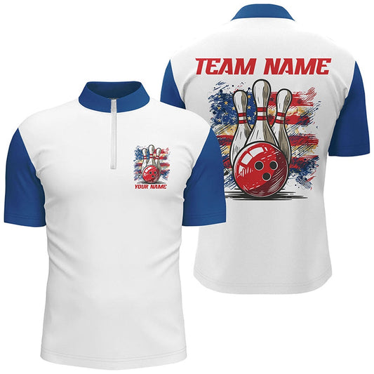 Custom Bowling Polo Shirts, Vintage American Flag Custom Bowling Shirts For Bowler, Patriotic Bowling Shirt For Men And Women