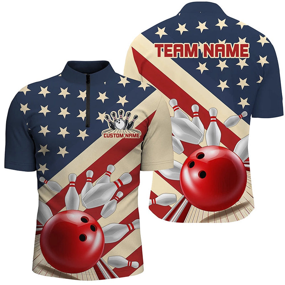 Custom Bowling Polo Shirts, Vintage American Flag Custom Bowling Team Shirt For Men And Women, Retro Patriotic Bowling Jersey