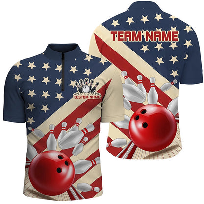 Custom Bowling Polo Shirts, Vintage American Flag Custom Bowling Team Shirt For Men And Women, Retro Patriotic Bowling Jersey
