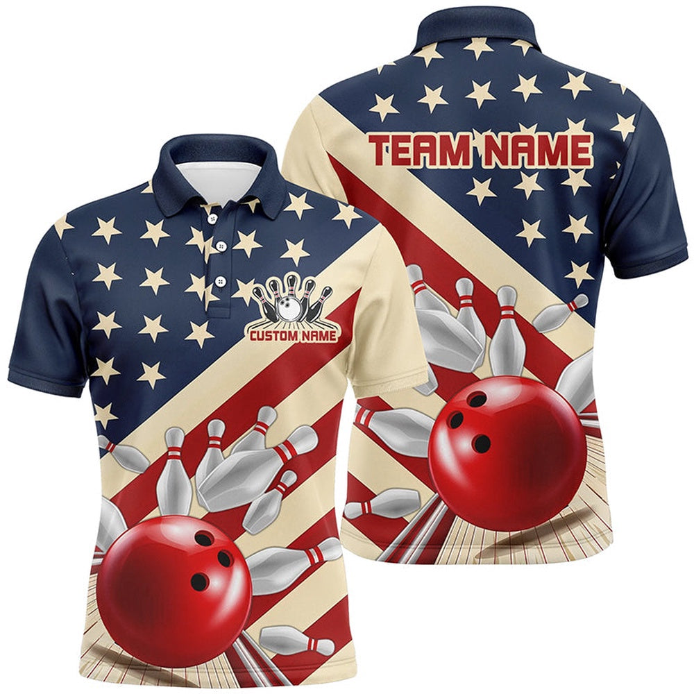 Custom Bowling Polo Shirts, Vintage American Flag Custom Bowling Team Shirt For Men And Women, Retro Patriotic Bowling Jersey