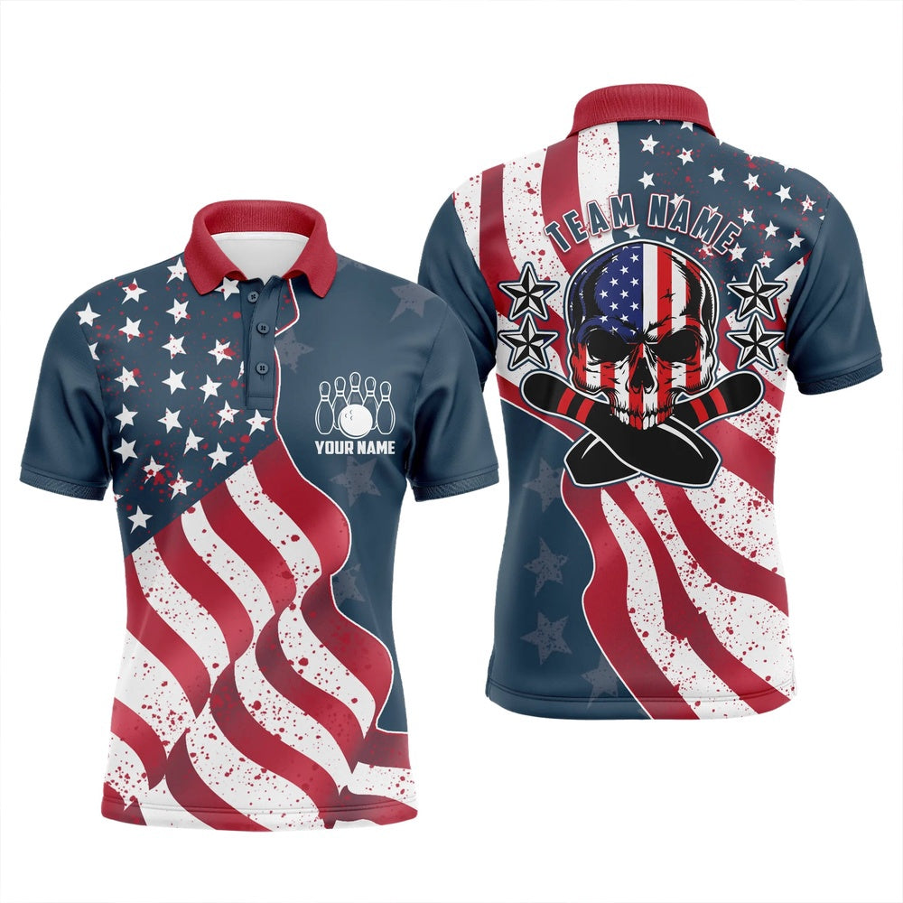 Custom Bowling Polo Shirts, Vintage American Flag Patriotic Skull Bowling Polo Shirts For Men Custom Bowling Team Jerseys