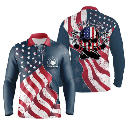 Custom Bowling Polo Shirts, Vintage American Flag Patriotic Skull Bowling Polo Shirts For Men Custom Bowling Team Jerseys