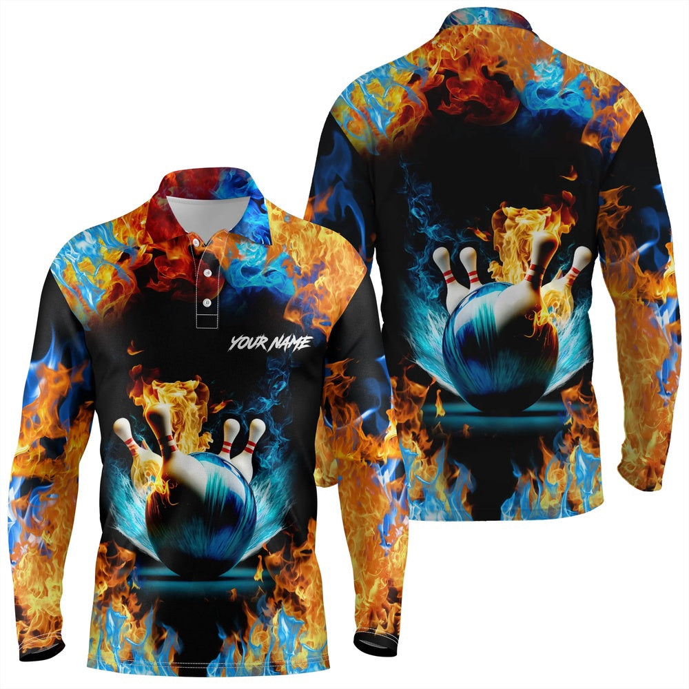 Custom Bowling Polo Shirts, Water Fire Background Custom Name Bowling Polo Shirts For Men, Team Bowling Shirts Jerseys