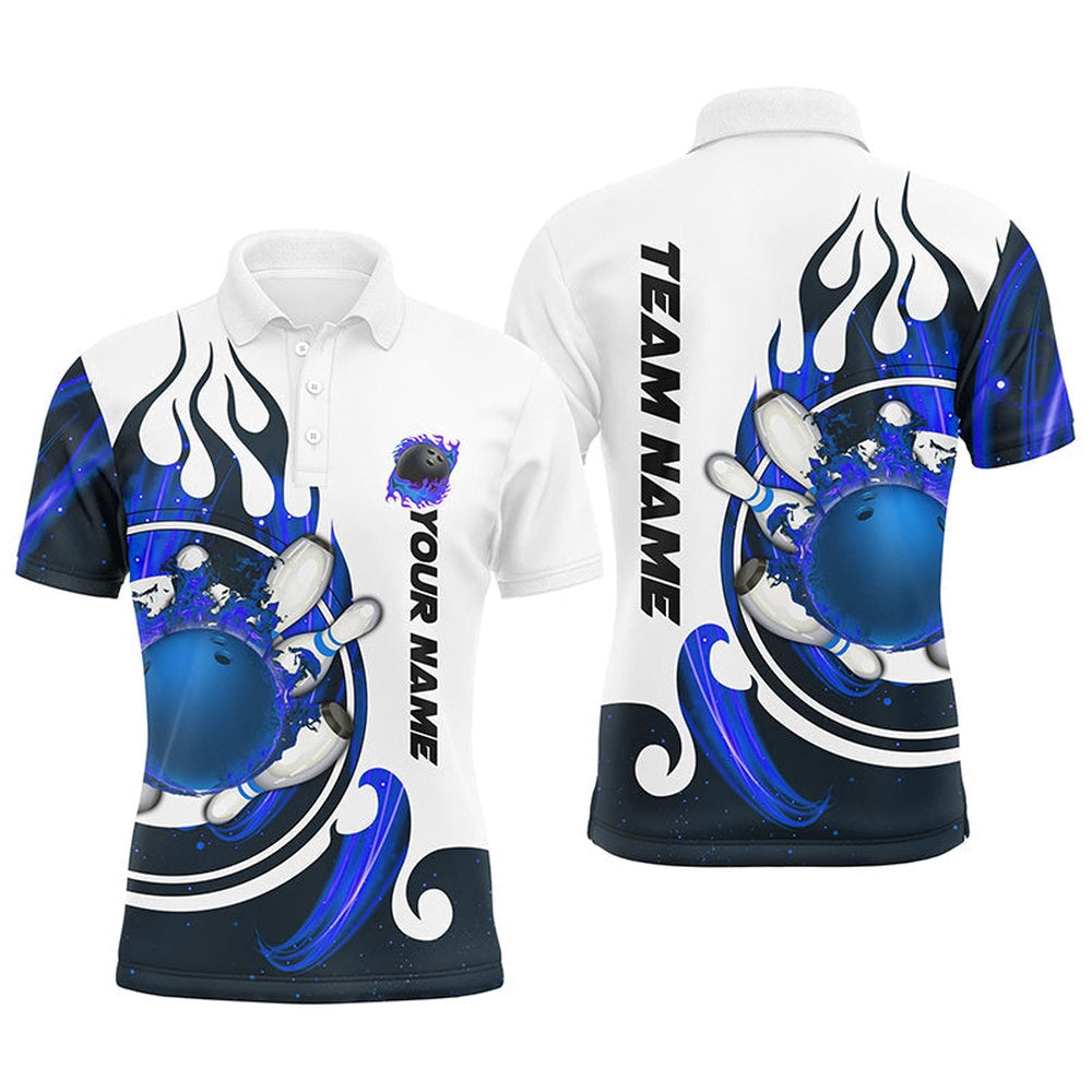 Custom Bowling Polo Shirts, White Bowling Polo Shirt For Men Custom Blue Flame Bowling Ball And Pins Jerseys