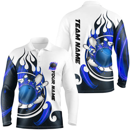 Custom Bowling Polo Shirts, White Bowling Polo Shirt For Men Custom Blue Flame Bowling Ball And Pins Jerseys