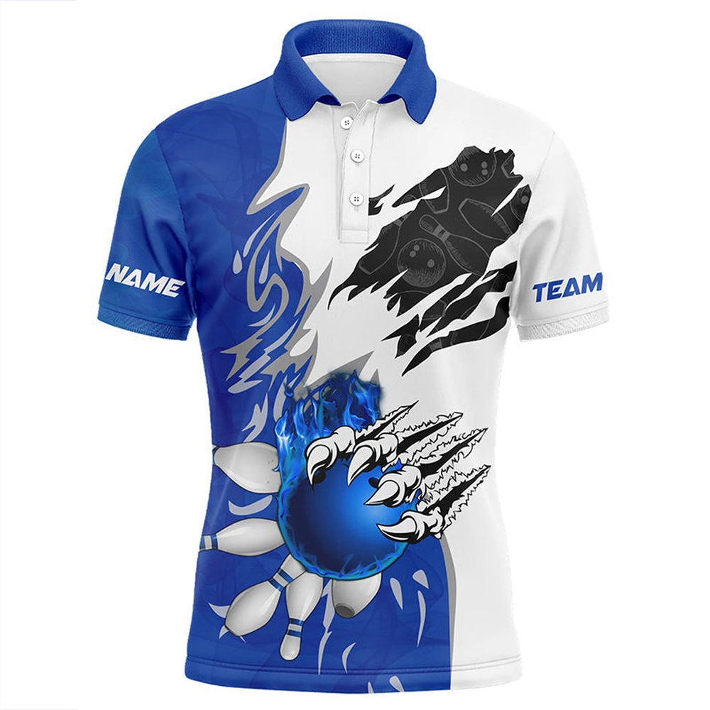 Custom Bowling Polo Shirts, White Bowling Polo Shirt For Men Custom Bowling Ball Pins Jerseys Flame Bowling Shirt Blue