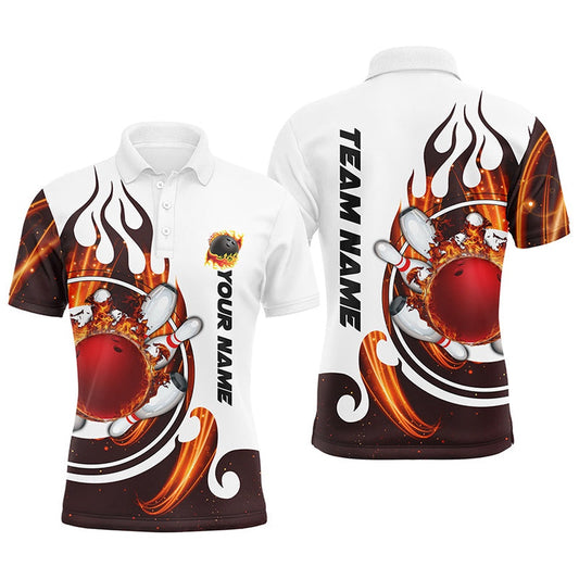 Custom Bowling Polo Shirts, White Bowling Polo Shirt For Men Custom Flame Bowling Ball Pins Jerseys