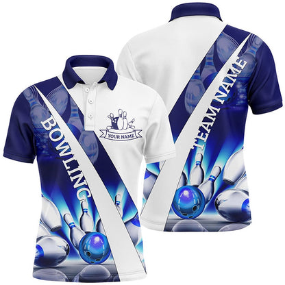 Custom Bowling Polo Shirts, White Bowling Polo Shirts For Men Custom Blue Light Bowling Ball Pins Team League Jerseys