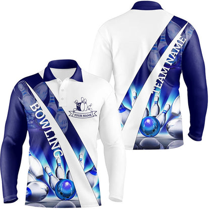 Custom Bowling Polo Shirts, White Bowling Polo Shirts For Men Custom Blue Light Bowling Ball Pins Team League Jerseys