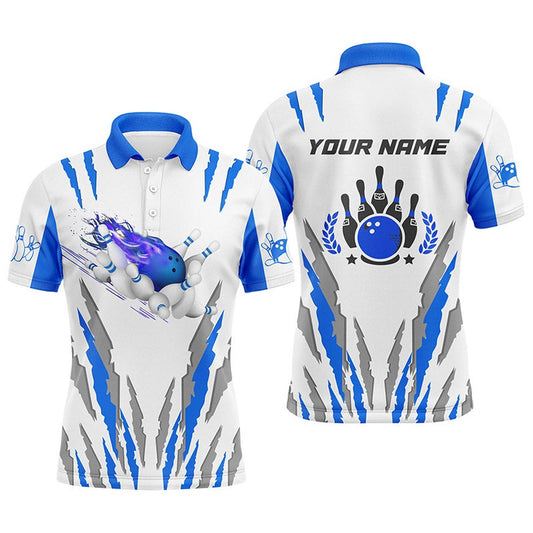 Custom Bowling Polo Shirts, White Bowling Polo Shirts For Men Custom Name Flame Bowling Ball And Pins Bowling Jerseys Blue
